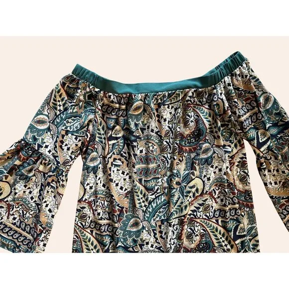 NWOT New Glam American Made Off-Shoulder Boho Print Dress Bell Sleeves Size S - Picture 3 of 9